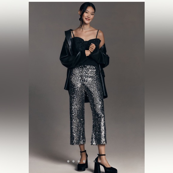 Anthropologie Maeve the Colette sequin cropped wide leg pants black silver 29 - Picture 1 of 17